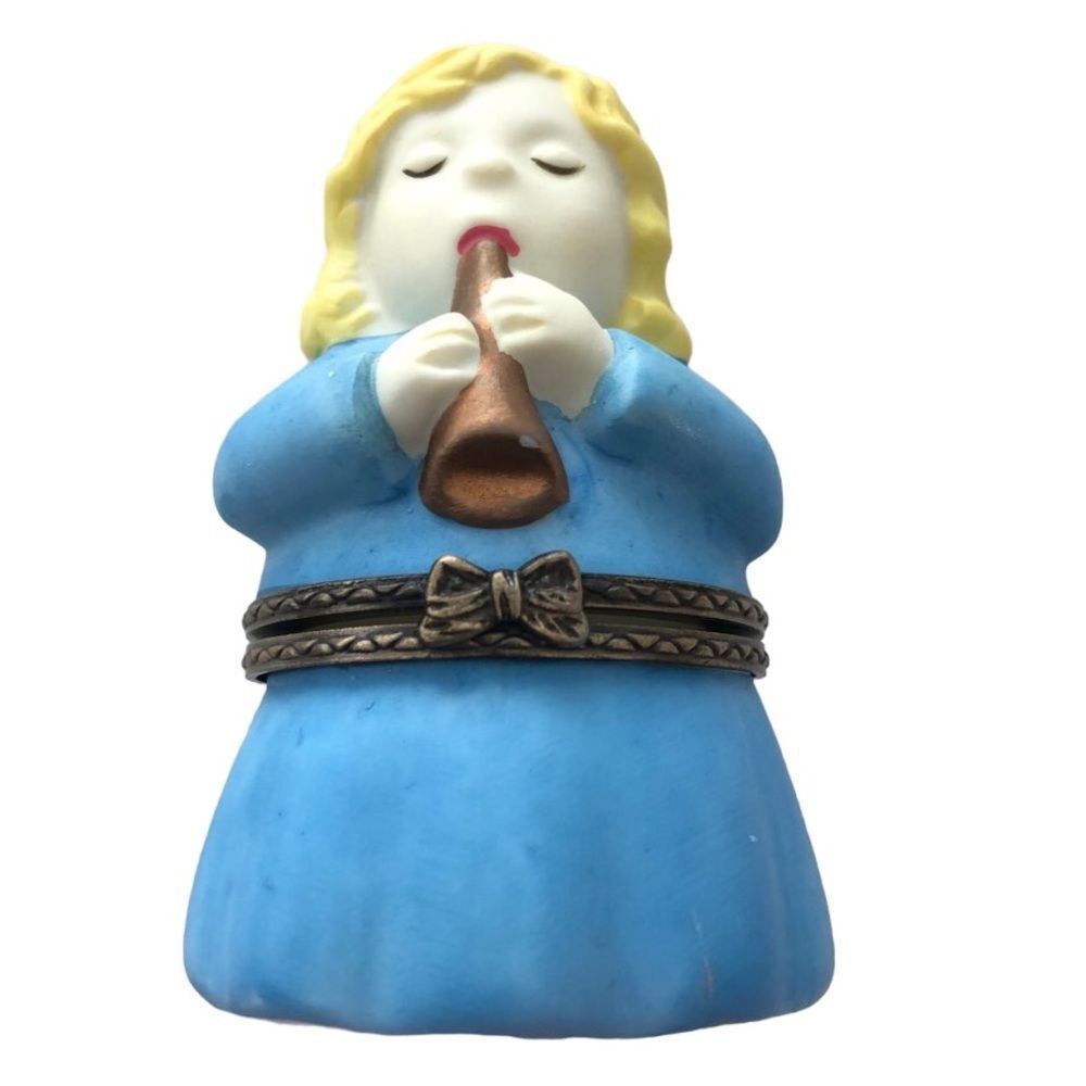 ANGEL WITH BLUE DRESS METAL HINGED TRINKET JEWELRY RING BOX VINTAGE COLLECTIBLE